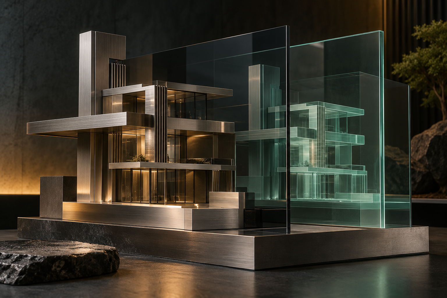Original editorial illustration: A sculptural brushed-metal architectural model beside an offset transparent glass counterpart, illustrating enterprise uses of virtual and augmented reality.