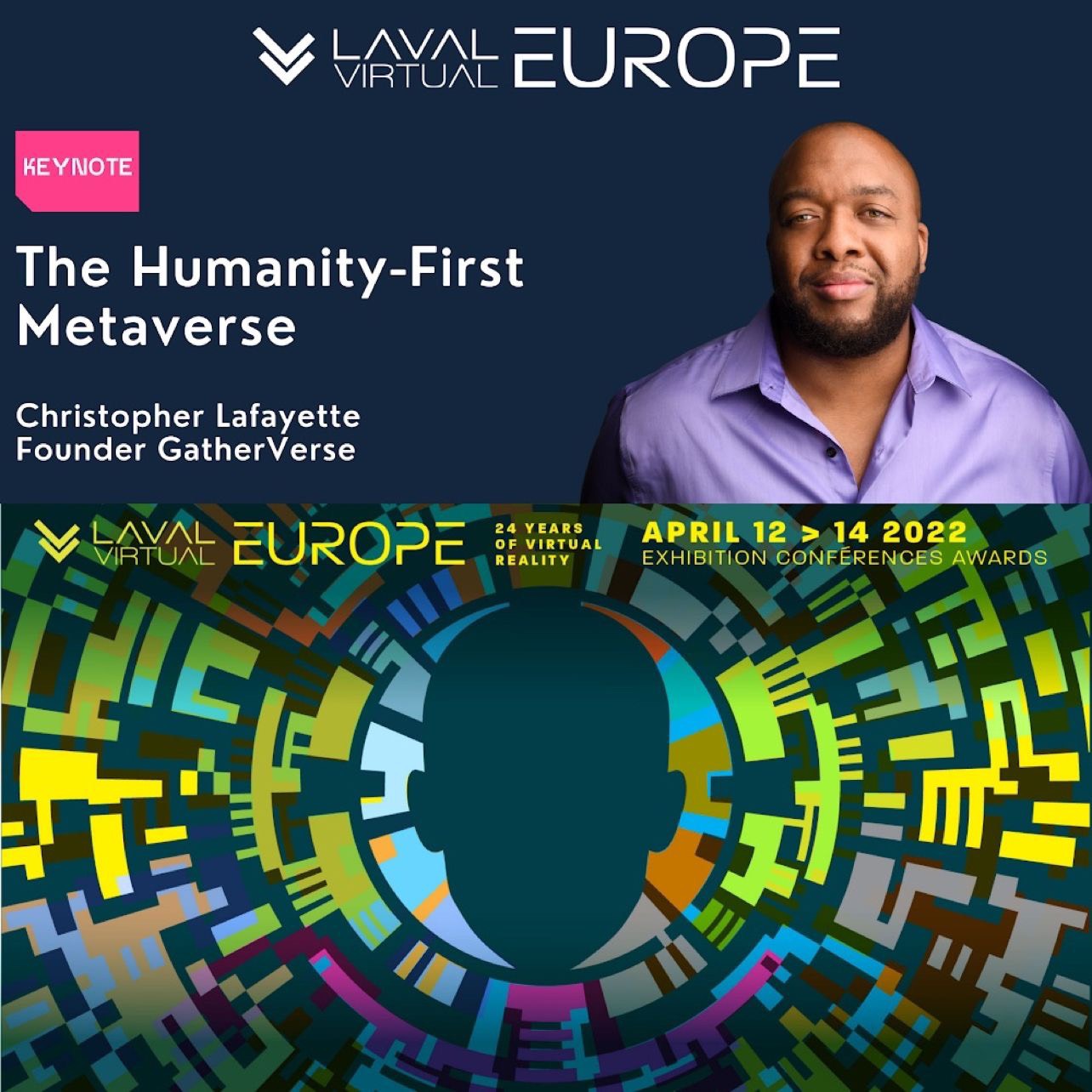 Laval Virtual Europe keynote artwork featuring Christopher Lafayette and the title The Humanity-First Metaverse.
