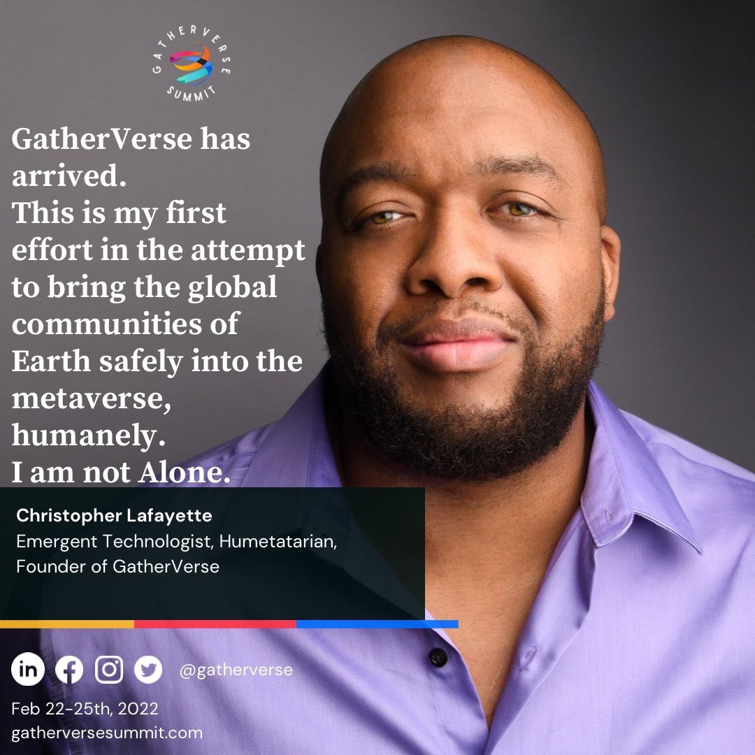 GatherVerse launch artwork with Christopher Lafayette’s portrait and February 2022 summit information.