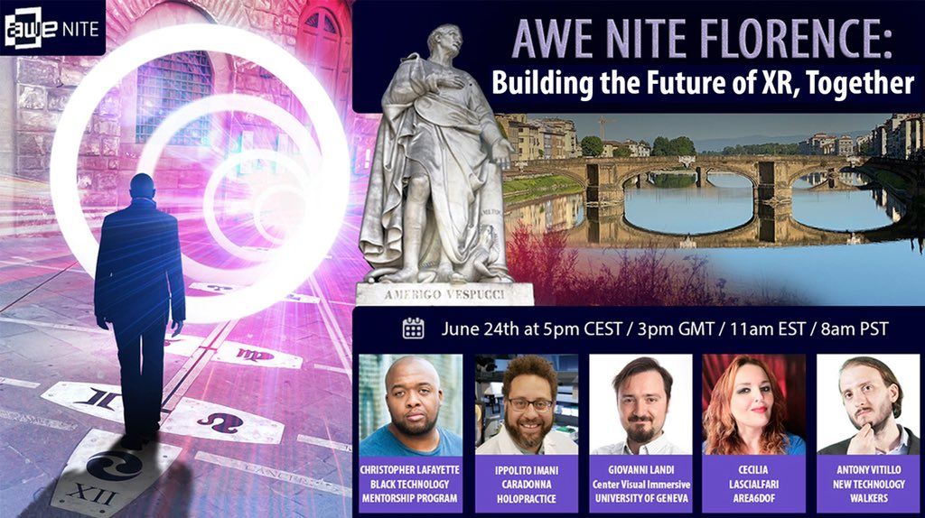 AWE Nite Florence event collage featuring speakers and a photograph taken beside an illuminated installation.