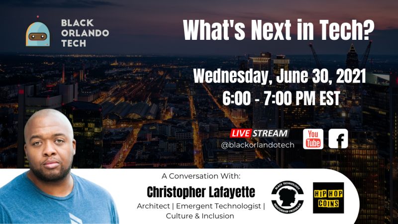 Black Orlando Tech event poster with Christopher Lafayette and a Black Technology Mentorship Program logo.