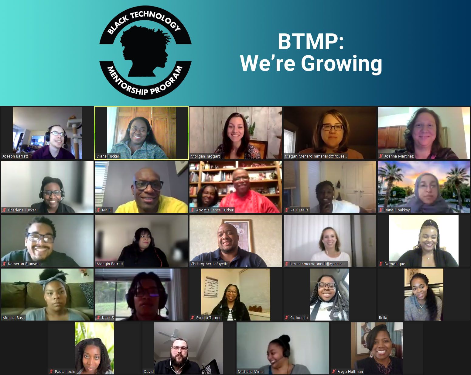 Black Technology Mentorship Program poster with a grid of participant video portraits.