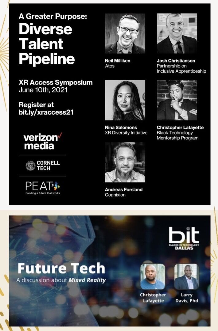 A combined XR Access Symposium and Blacks in Technology event graphic with speaker portraits.