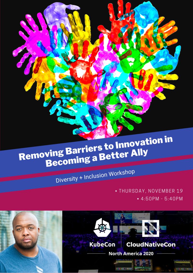KubeCon and CloudNativeCon workshop artwork with a multicolored hand illustration and Christopher Lafayette’s portrait.