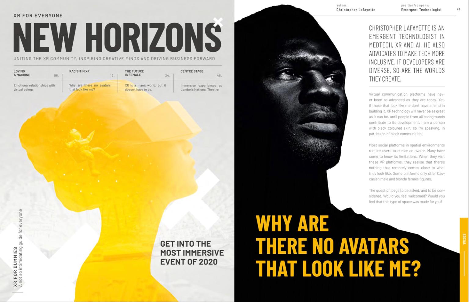 New Horizons magazine artwork beside Christopher Lafayette’s article Why Are There No Avatars That Look Like Me?