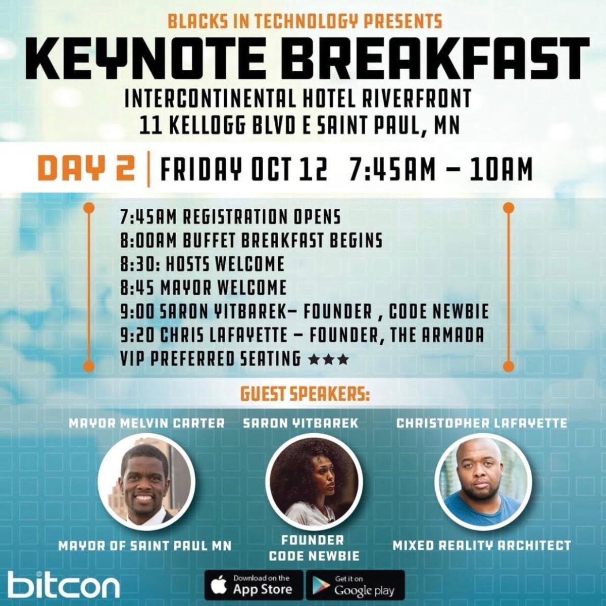 Inaugural BITCON keynote breakfast poster listing Christopher Lafayette with a former venture affiliation.