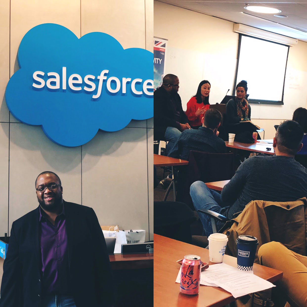 A collage of Christopher Lafayette beside a Salesforce sign and panelists addressing an audience.