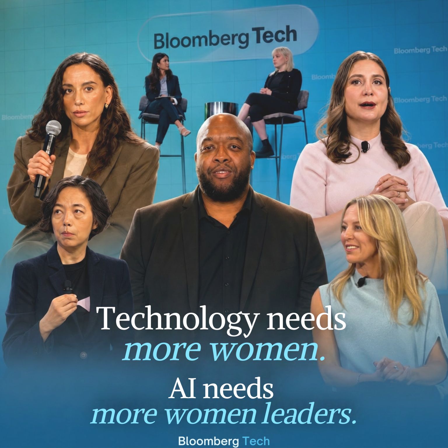 Original collage with Bloomberg Tech event photography and the text “Technology needs more women. AI needs more women leaders.”