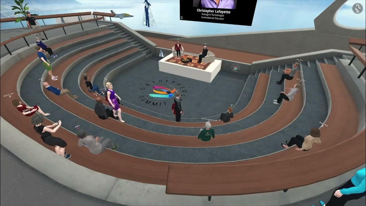 Virtual World Society video thumbnail showing avatars seated in a virtual auditorium.