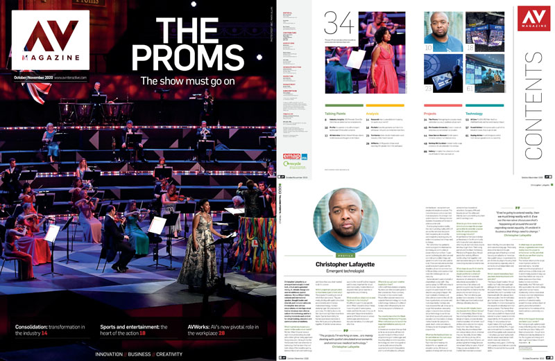 AV Magazine’s “The Proms” front cover beside its contents and feature pages.