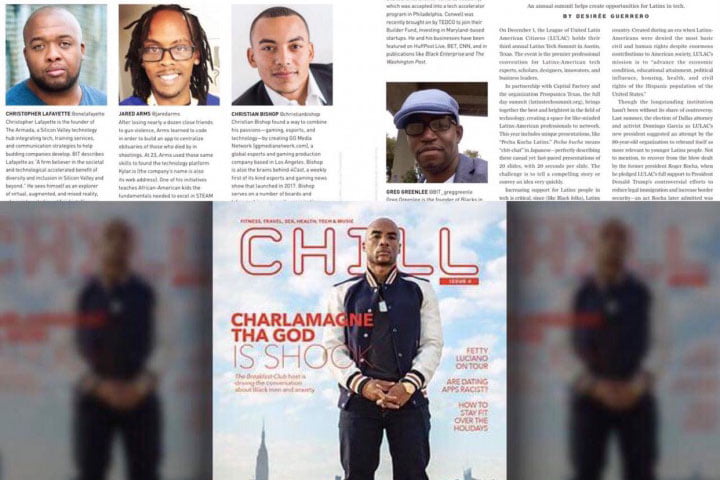 CHILL magazine article pages above an issue cover featuring Charlamagne tha God.