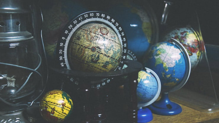 A collection of globes in different sizes.