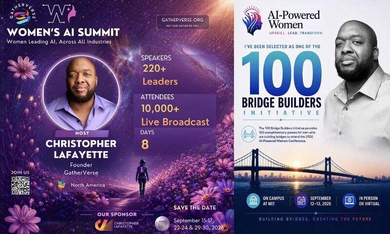 Original two-panel artwork showing Christopher as host of GatherVerse Women’s AI Summit and selected for the AI-Powered Women 100 Bridge Builders Initiative.