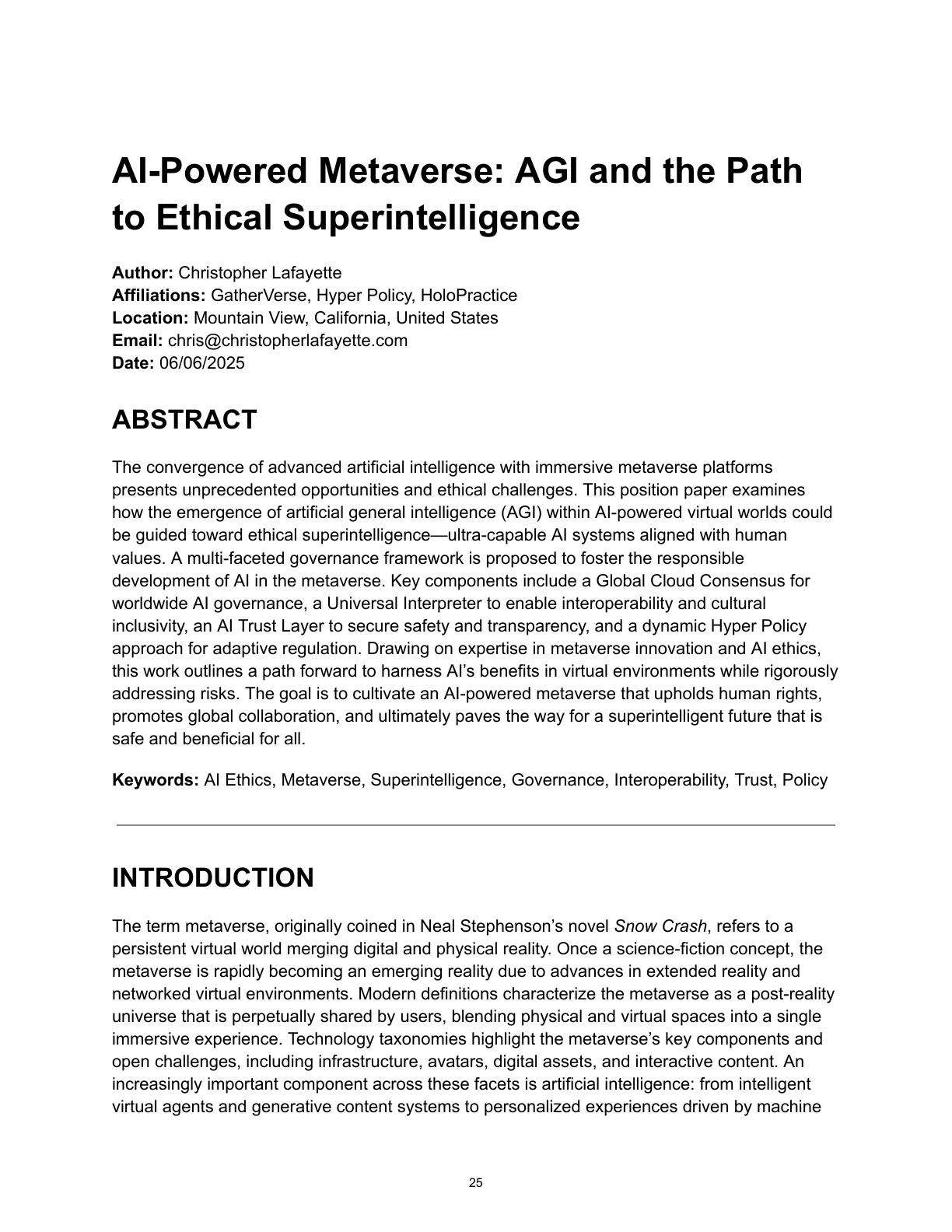 Original first page of Christopher Lafayette’s position paper, AI-Powered Metaverse: AGI and the Path to Ethical Superintelligence.