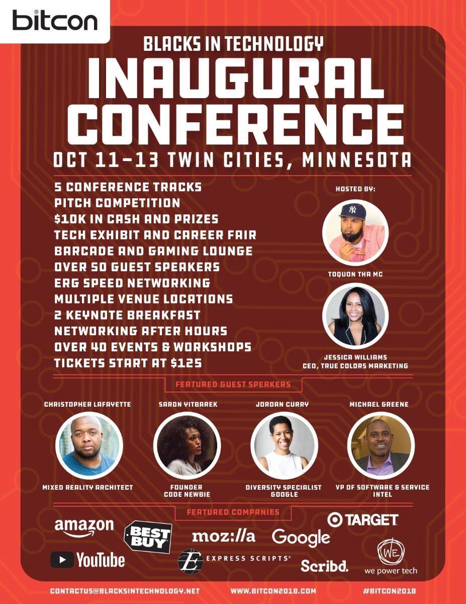 Orange BITCON 2018 artwork announces the inaugural Blacks in Technology conference in the Twin Cities and features Christopher Lafayette among its speakers.