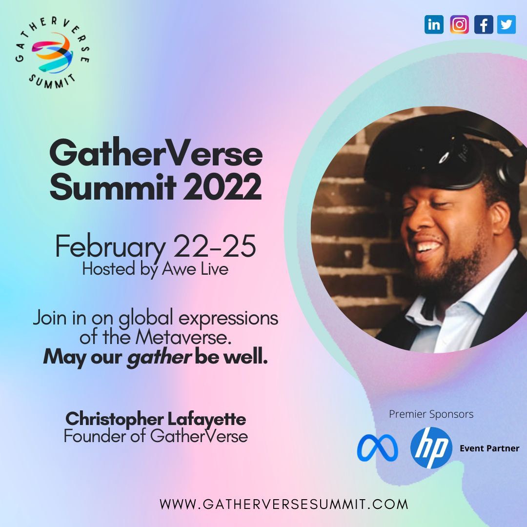 Pastel GatherVerse Summit 2022 artwork features Christopher Lafayette and announces February 22–25.