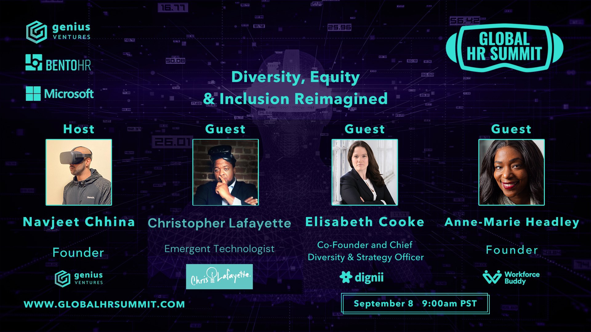 Global HR Summit artwork presents Christopher Lafayette as a guest for Diversity, Equity & Inclusion Reimagined, with the host and two other guests.
