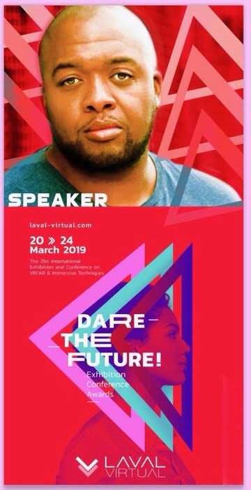 Red and purple Laval Virtual speaker artwork features Christopher Lafayette and advertises the March 20–24, 2019 event.