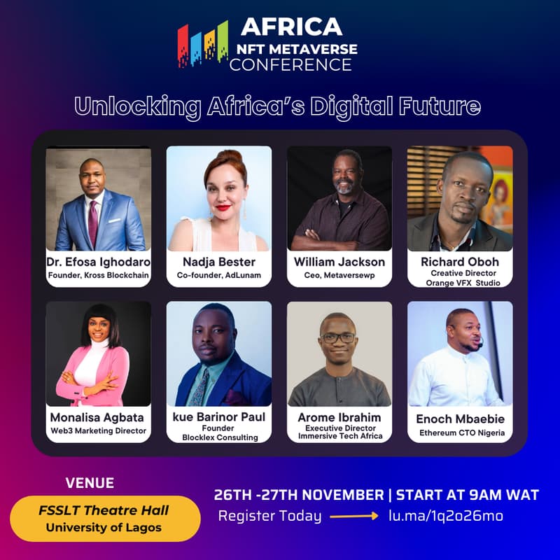 Africa NFT Metaverse Conference poster for Unlocking Africa’s Digital Future, with eight speakers and University of Lagos venue details