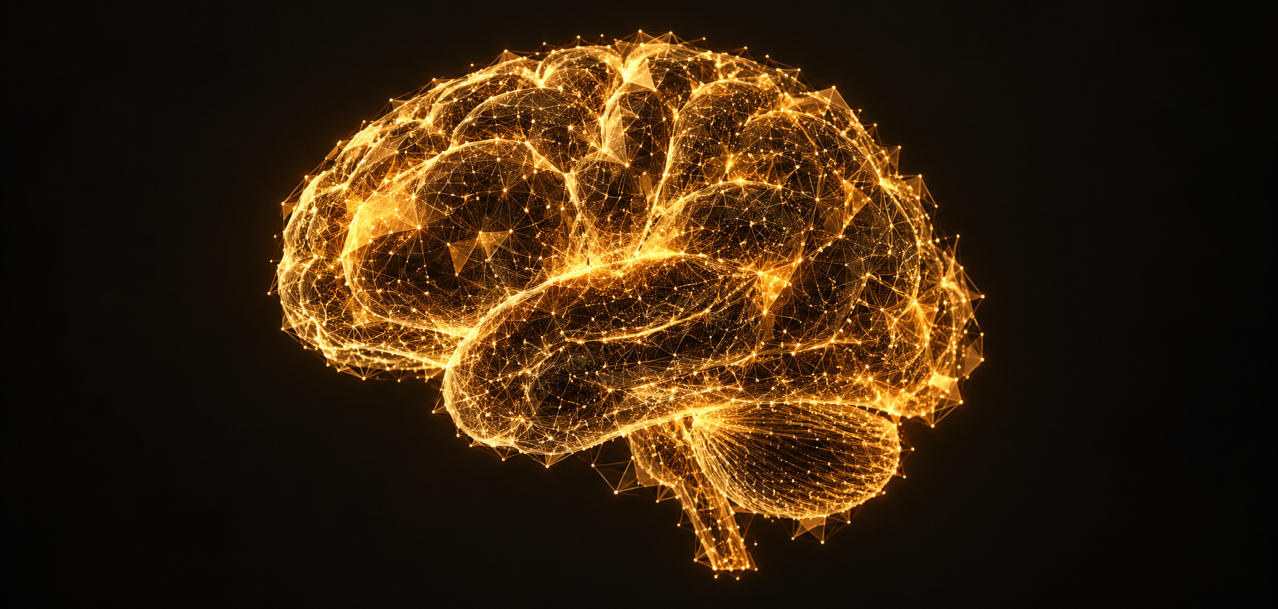 A luminous amber and gold wireframe brain on a dark background.