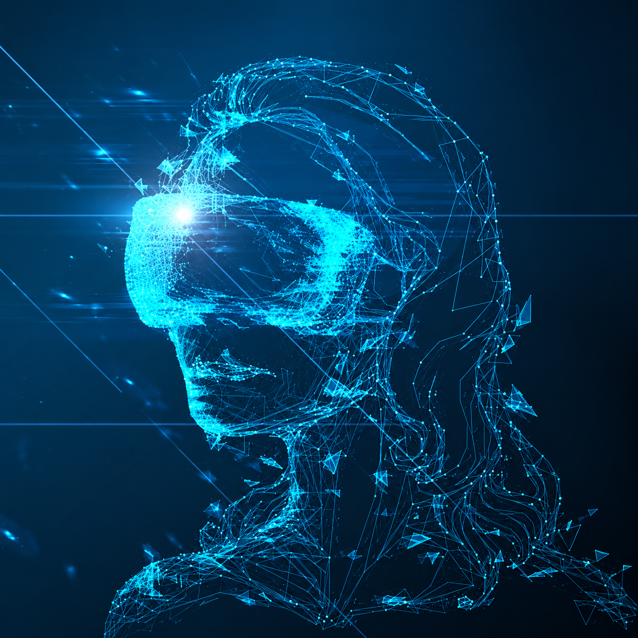 A cyan wireframe profile wearing a virtual reality visor, enhanced from the original spatial intelligence artwork.
